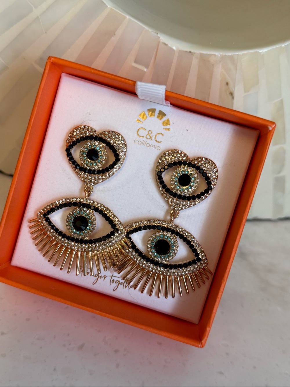 C&C California Gold-Tone Eye Heart Drop Earrings with Black and Teal Accents